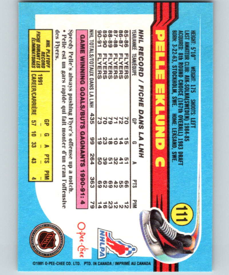 1991-92 O-Pee-Chee #111 Pelle Eklund Mint Philadelphia Flyers  Image 2