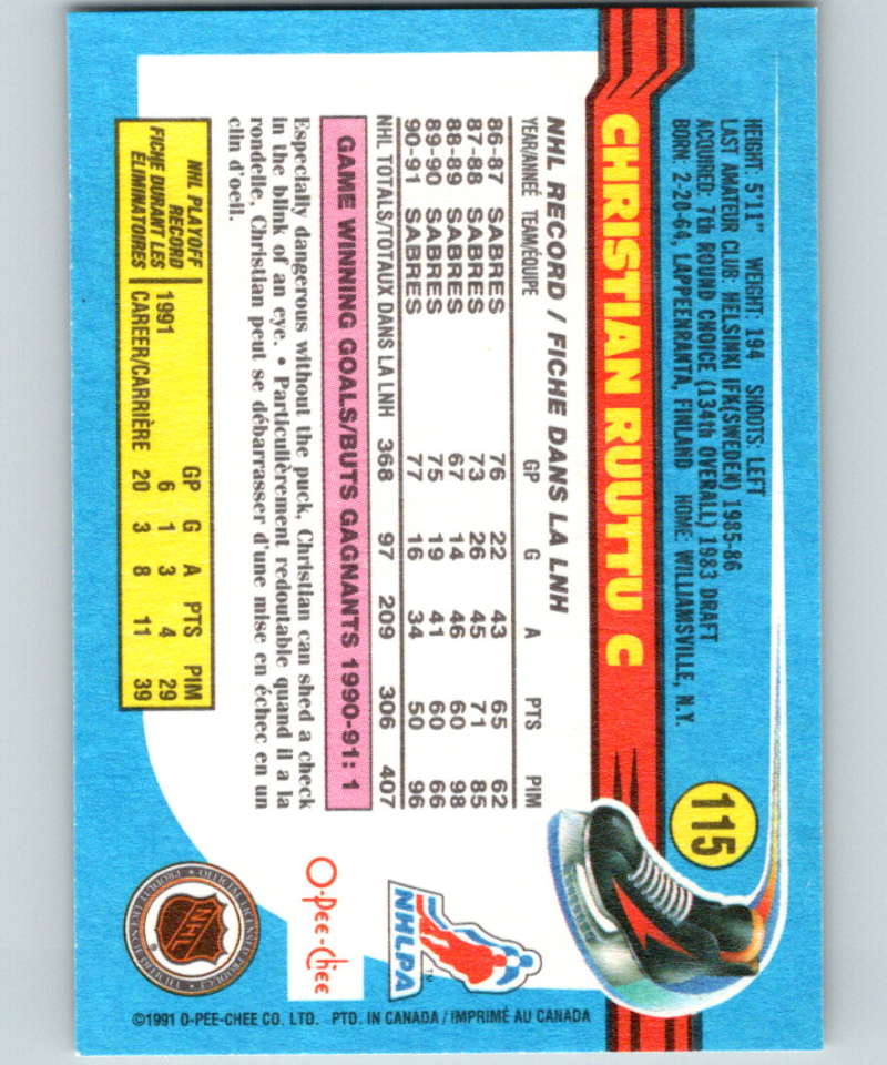 1991-92 O-Pee-Chee #115 Christian Ruuttu Mint Buffalo Sabres