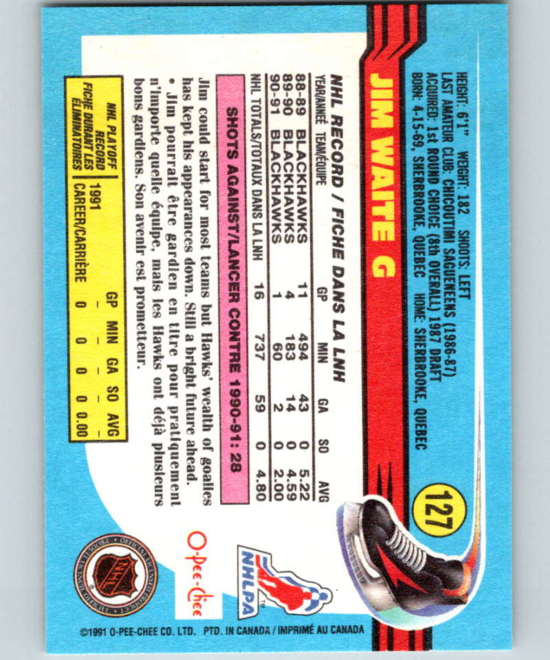 1991-92 O-Pee-Chee #127 Jimmy Waite Mint Chicago Blackhawks  Image 2