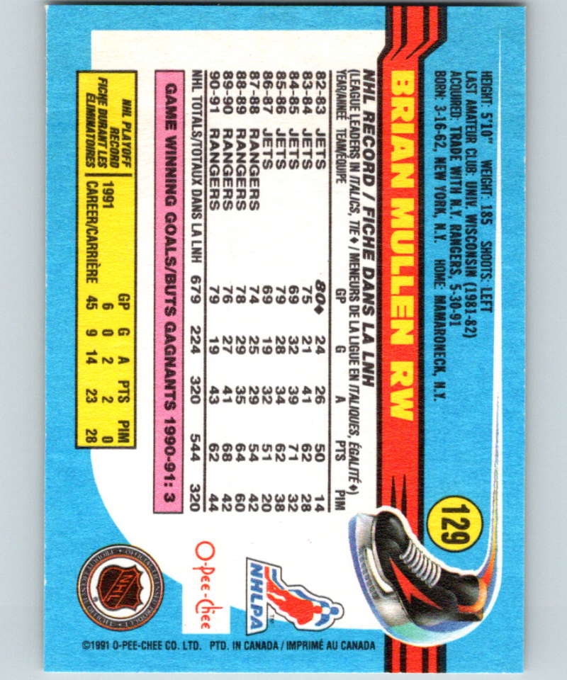 1991-92 O-Pee-Chee #129 Brian Mullen Mint New York Rangers  Image 2