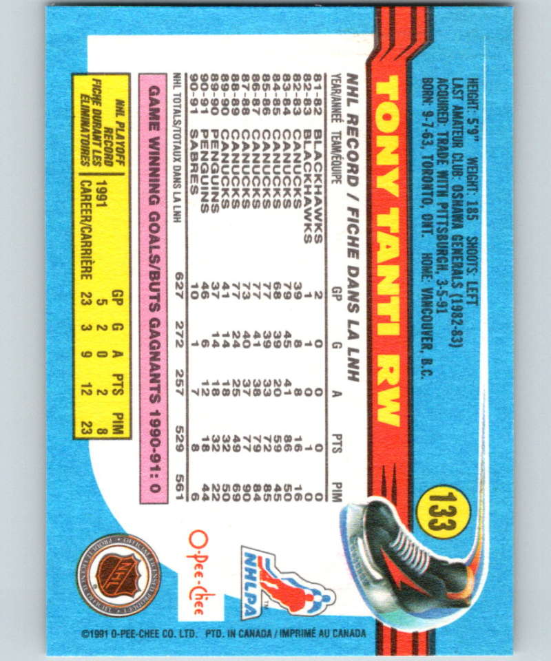 1991-92 O-Pee-Chee #133 Tony Tanti Mint Buffalo Sabres  Image 2