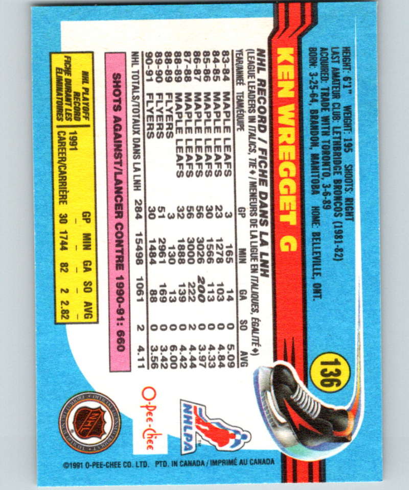 1991-92 O-Pee-Chee #136 Ken Wregget Mint Philadelphia Flyers  Image 2