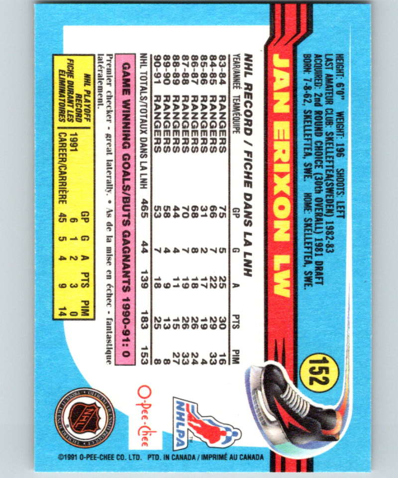 1991-92 O-Pee-Chee #152 Jan Erixon Mint New York Rangers  Image 2