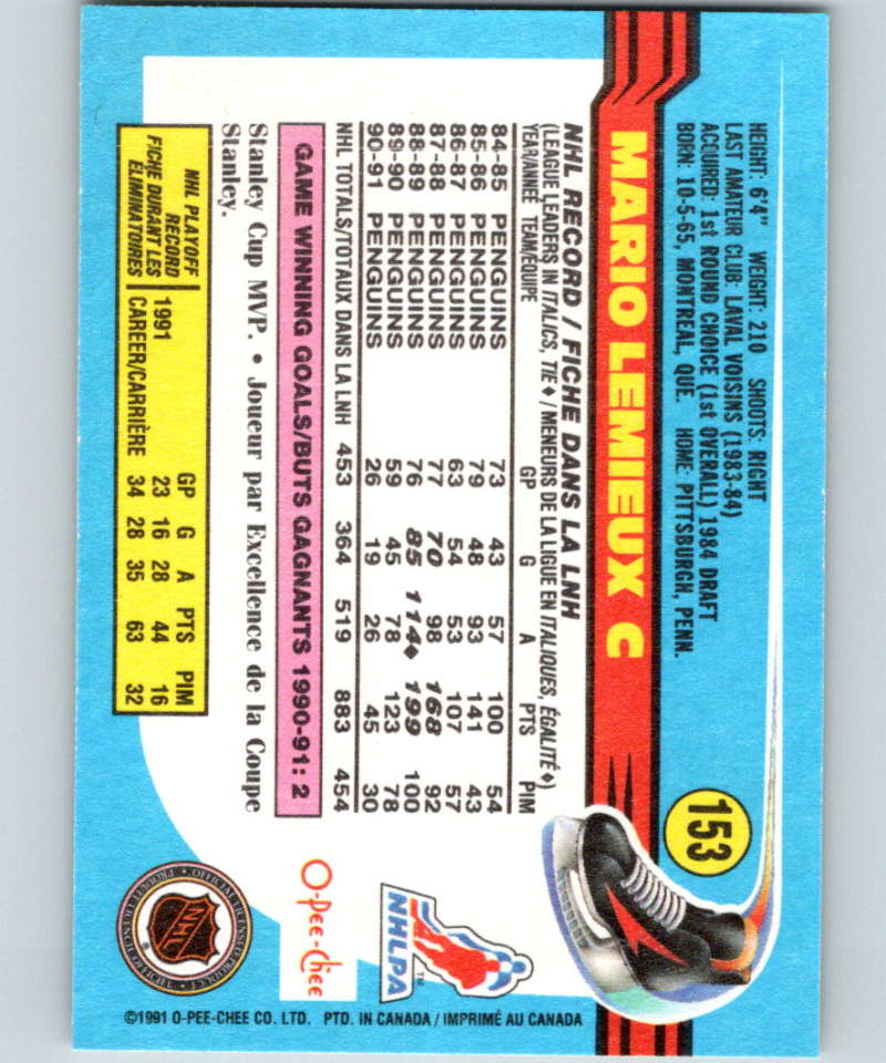 1991-92 O-Pee-Chee #153 Mario Lemieux Mint Pittsburgh Penguins