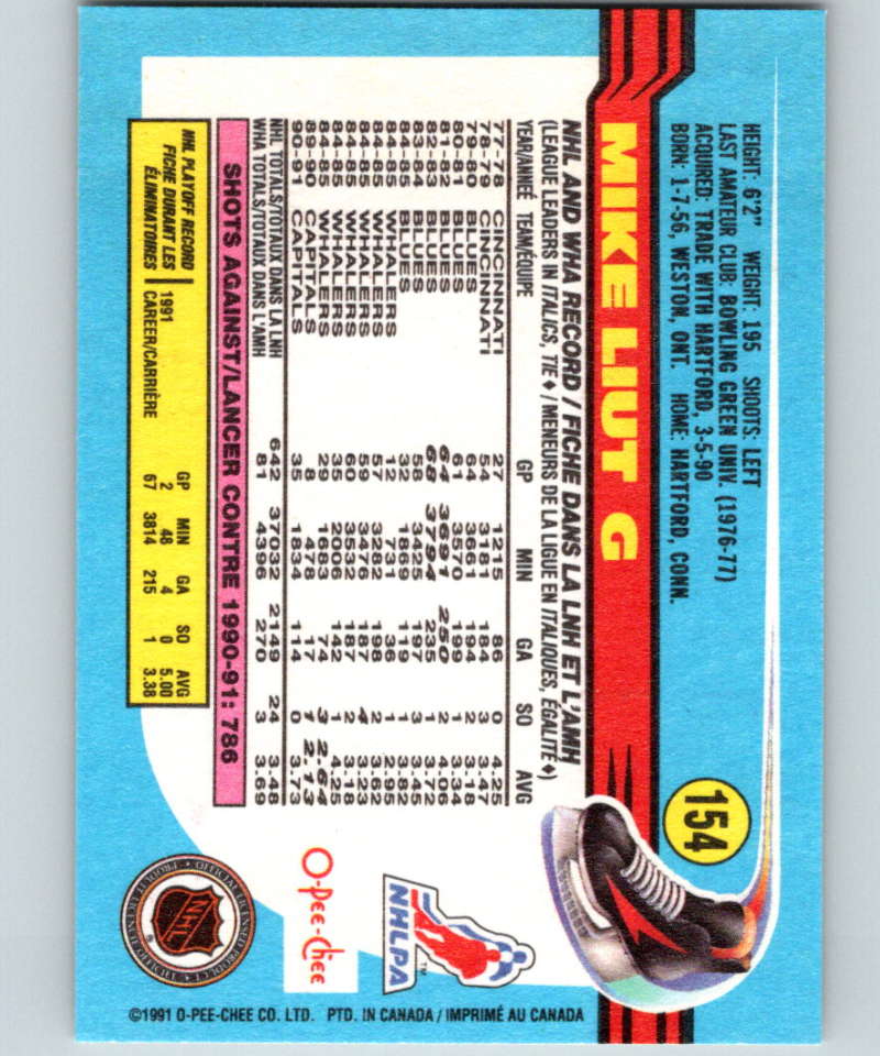 1991-92 O-Pee-Chee #154 Mike Liut Mint Washington Capitals  Image 2