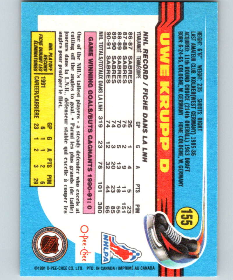 1991-92 O-Pee-Chee #155 Uwe Krupp Mint Buffalo Sabres  Image 2