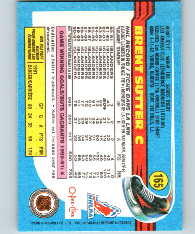 1991-92 O-Pee-Chee #165 Brent Sutter Mint New York Islanders  Image 2