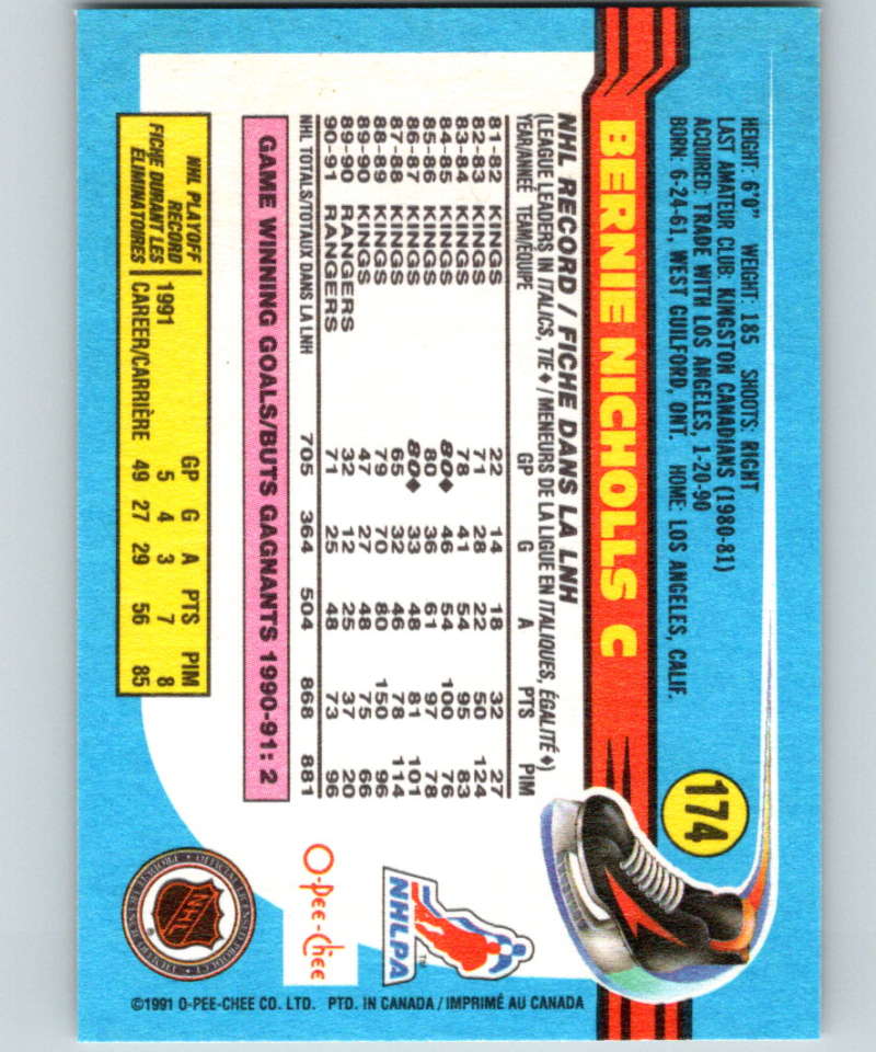 1991-92 O-Pee-Chee #174 Bernie Nicholls Mint New York Rangers  Image 2