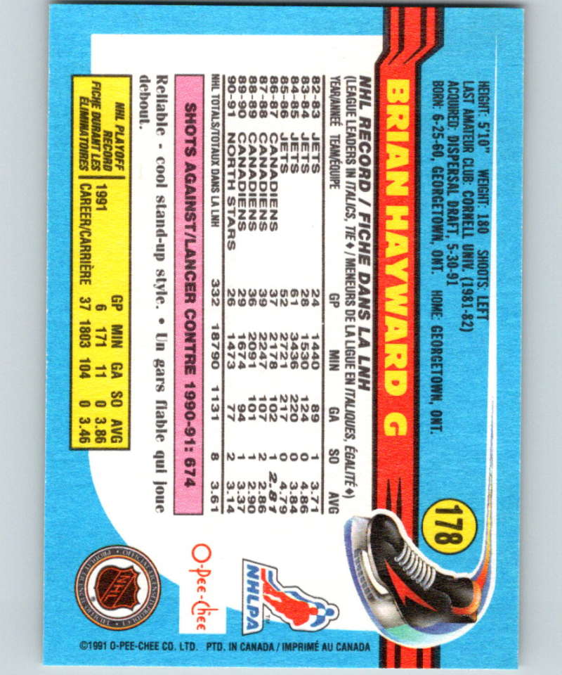 1991-92 O-Pee-Chee #178 Brian Hayward Mint Minnesota North Stars  Image 2