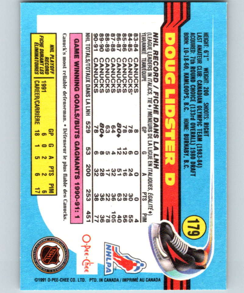 1991-92 O-Pee-Chee #179 Doug Lidster Mint Vancouver Canucks  Image 2