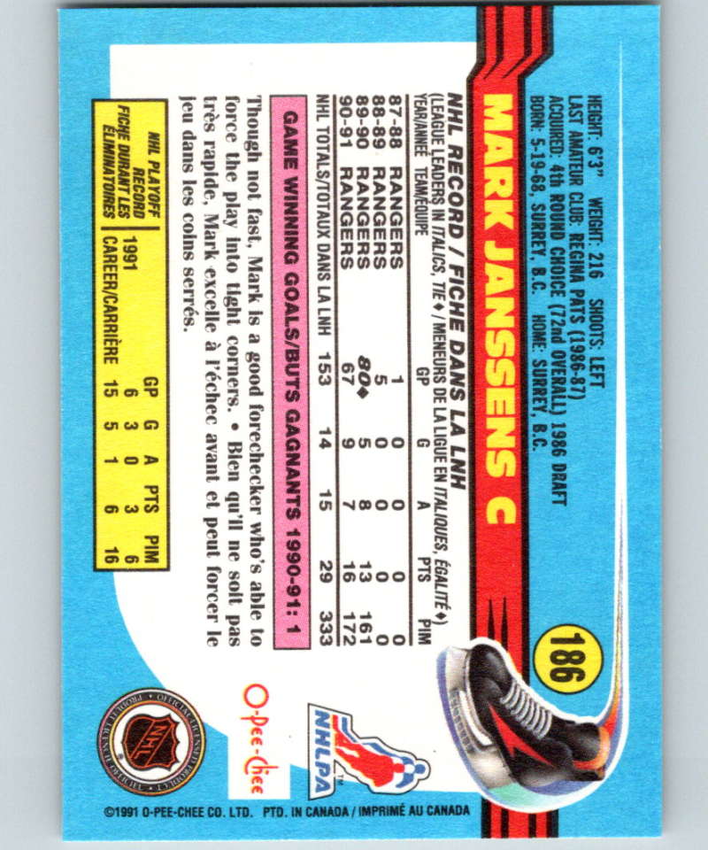 1991-92 O-Pee-Chee #186 Mark Janssens Mint New York Rangers