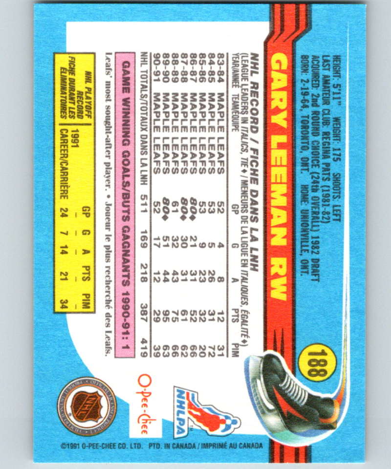 1991-92 O-Pee-Chee #188 Gary Leeman Mint Toronto Maple Leafs