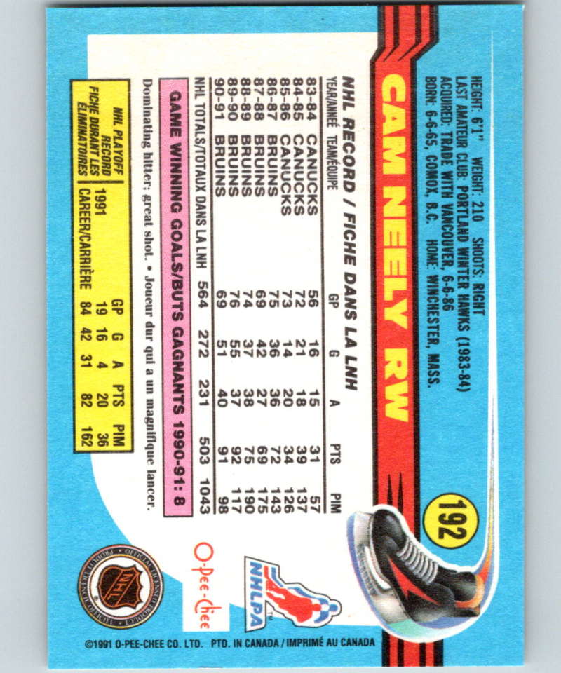 1991-92 O-Pee-Chee #192 Cam Neely Mint Boston Bruins
