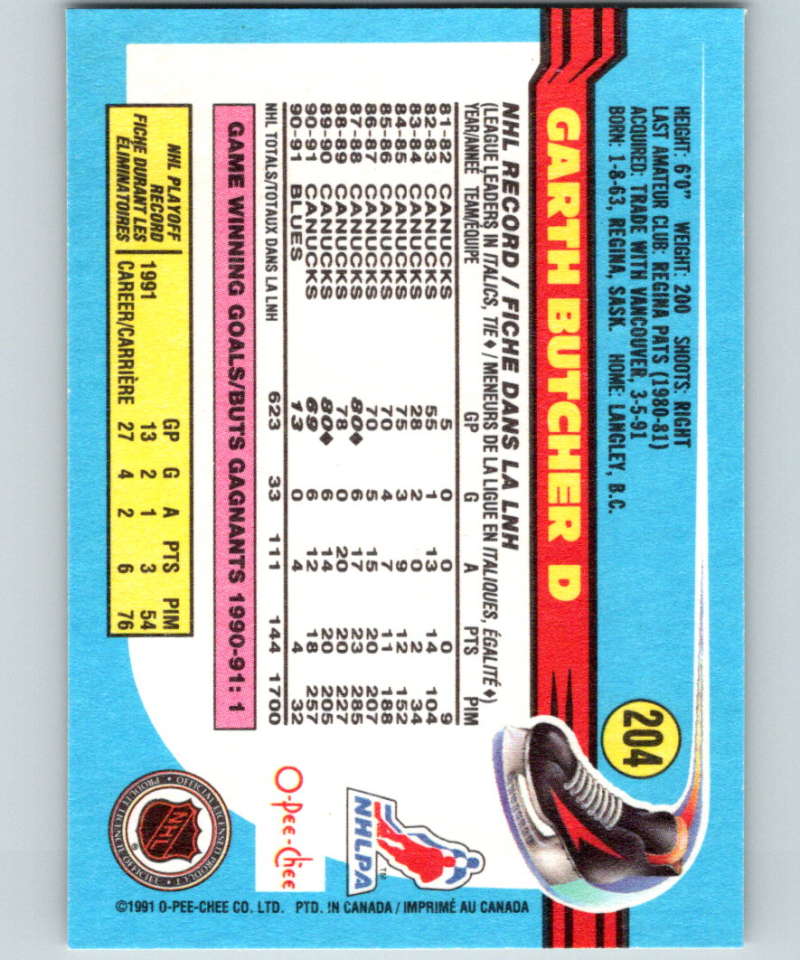 1991-92 O-Pee-Chee #204 Garth Butcher Mint St. Louis Blues  Image 2