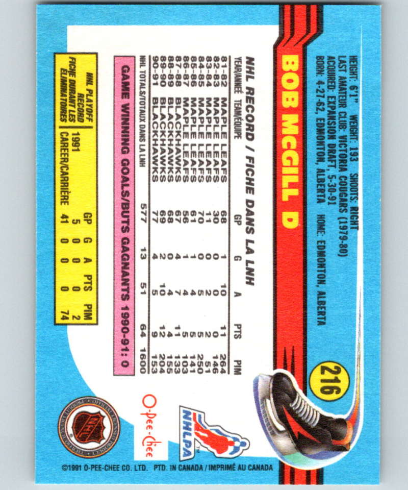 1991-92 O-Pee-Chee #216 Bob McGill Mint Chicago Blackhawks  Image 2
