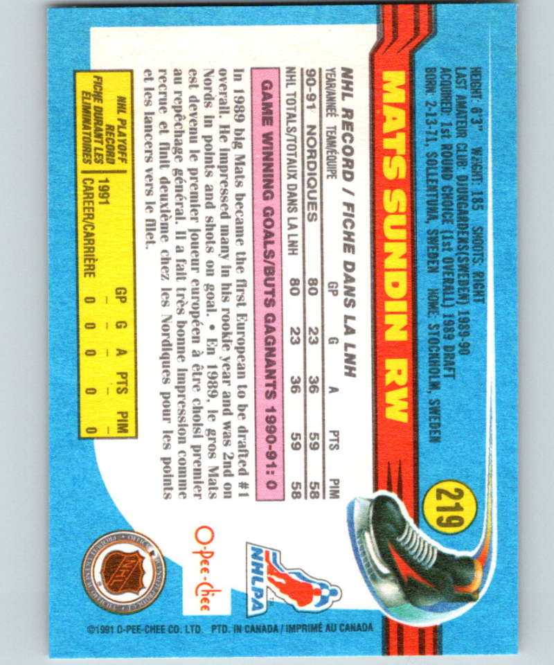 1991-92 O-Pee-Chee #219 Mats Sundin Mint Quebec Nordiques  Image 2