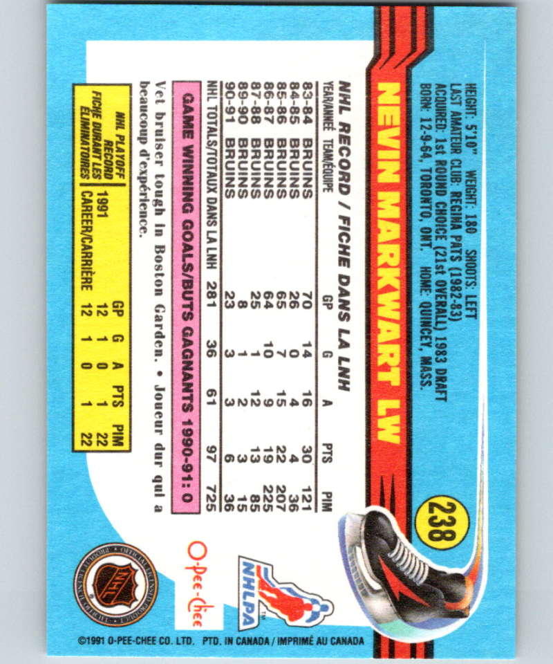 1991-92 O-Pee-Chee #238 Nevin Markwart Mint Boston Bruins  Image 2