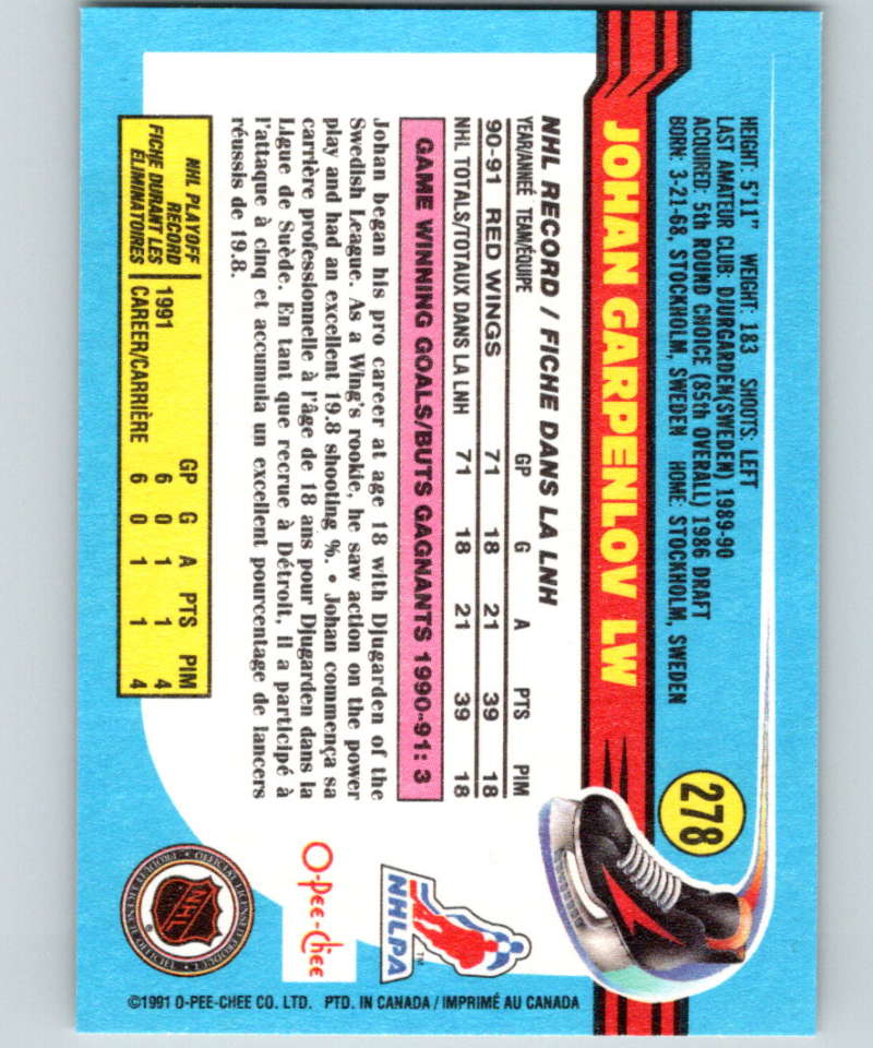 1991-92 O-Pee-Chee #278 Johan Garpenlov Mint Detroit Red Wings  Image 2