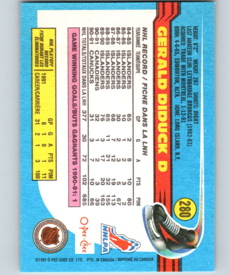 1991-92 O-Pee-Chee #280 Gerald Diduck Mint Vancouver Canucks  Image 2
