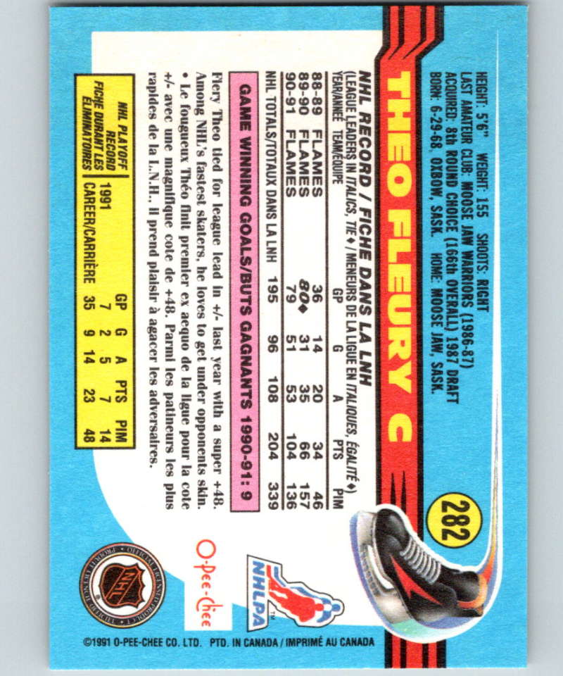1991-92 O-Pee-Chee #282 Theo Fleury Mint Calgary Flames  Image 2