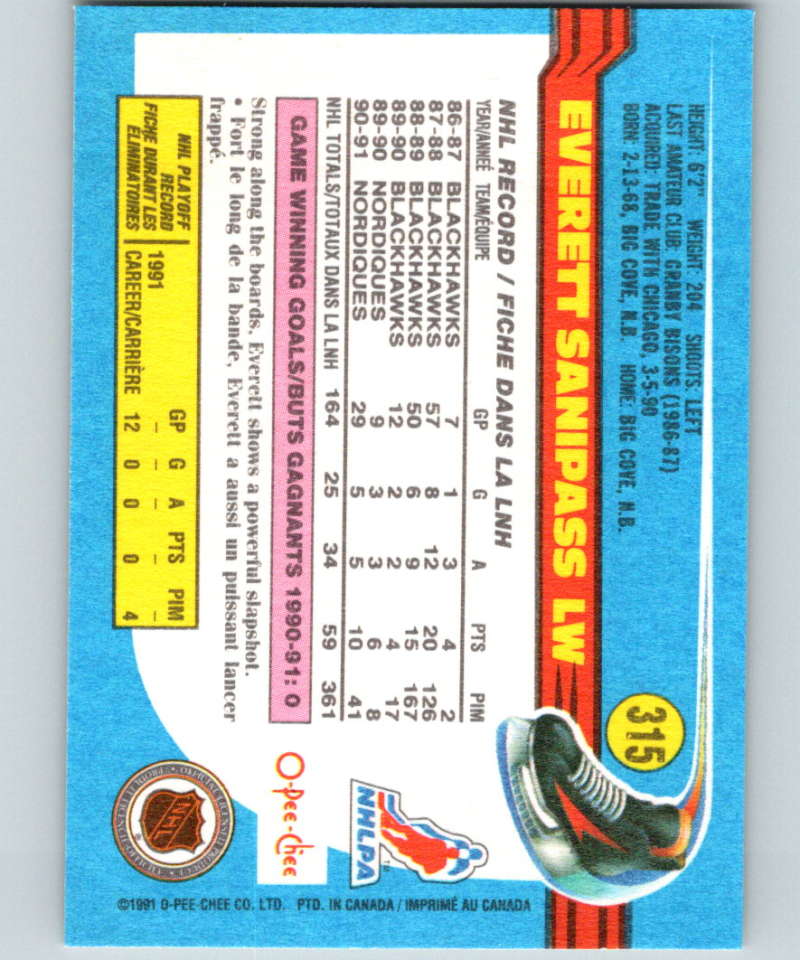 1991-92 O-Pee-Chee #315 Everett Sanipass Mint Quebec Nordiques