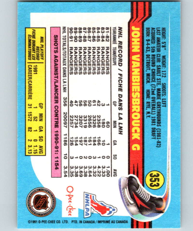1991-92 O-Pee-Chee #353 John Vanbiesbrouck Mint New York Rangers  Image 2