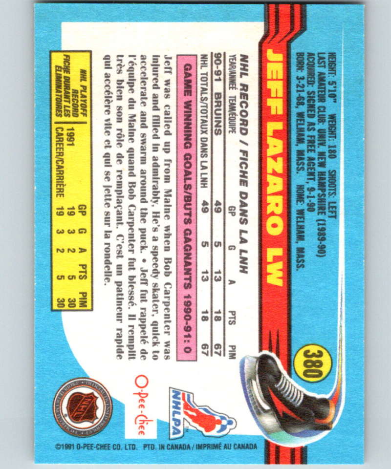 1991-92 O-Pee-Chee #380 Jeff Lazaro Mint Boston Bruins  Image 2