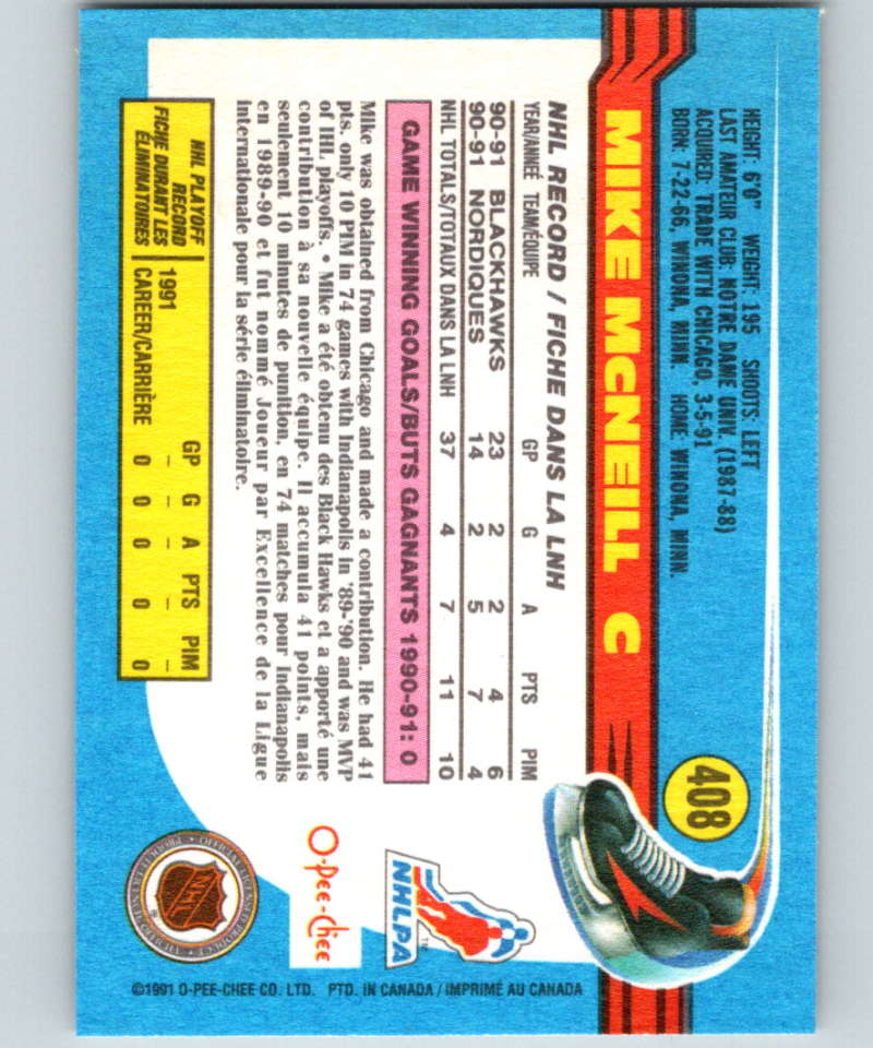 1991-92 O-Pee-Chee #408 Mike McNeil Mint Quebec Nordiques  Image 2
