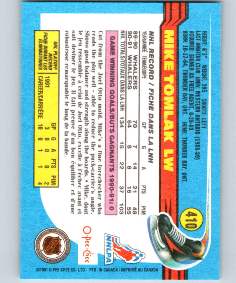 1991-92 O-Pee-Chee #410 Mike Tomlak Mint Hartford Whalers  Image 2