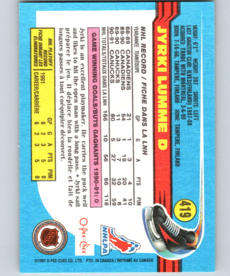 1991-92 O-Pee-Chee #419 Jyrki Lumme Mint Vancouver Canucks  Image 2