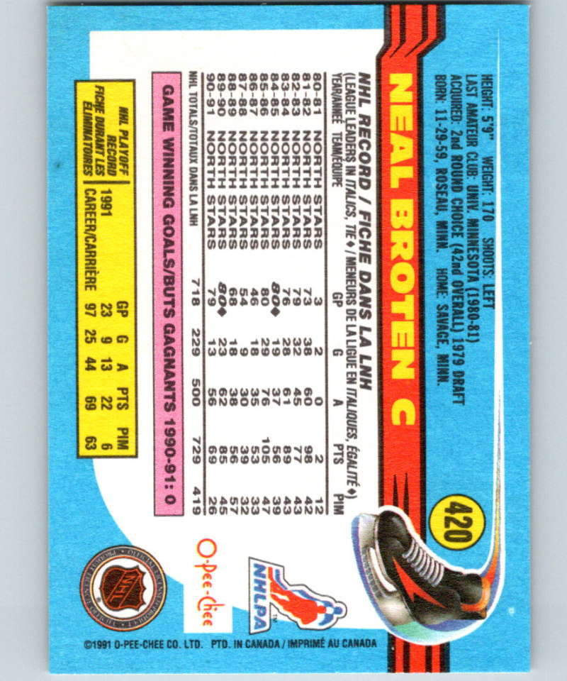 1991-92 O-Pee-Chee #420 Neal Broten Mint Minnesota North Stars  Image 2