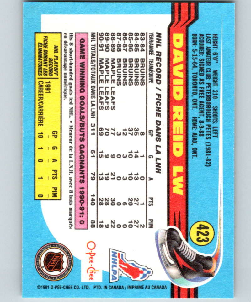 1991-92 O-Pee-Chee #423 David Reid Mint Toronto Maple Leafs  Image 2