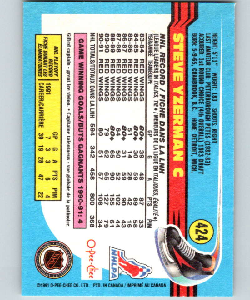1991-92 O-Pee-Chee #424 Steve Yzerman Mint Detroit Red Wings