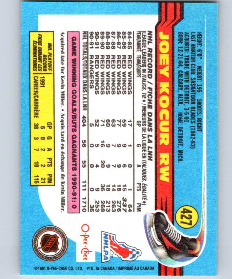 1991-92 O-Pee-Chee #427 Joey Kocur Mint New York Rangers  Image 2