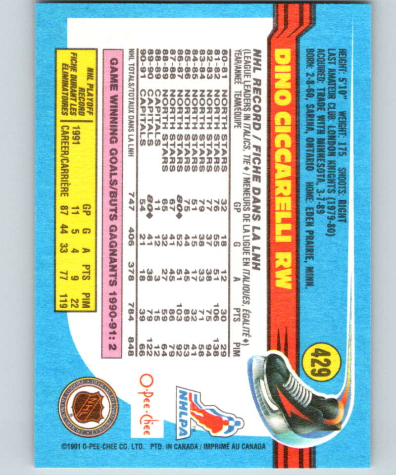 1991-92 O-Pee-Chee #429 Dino Ciccarelli Mint Washington Capitals  Image 2