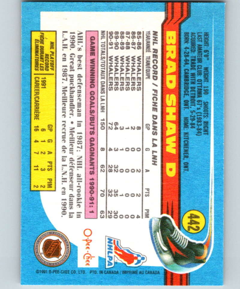 1991-92 O-Pee-Chee #442 Brad Shaw Mint Hartford Whalers  Image 2