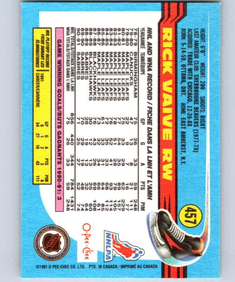 1991-92 O-Pee-Chee #457 Rick Vaive Mint Buffalo Sabres  Image 2