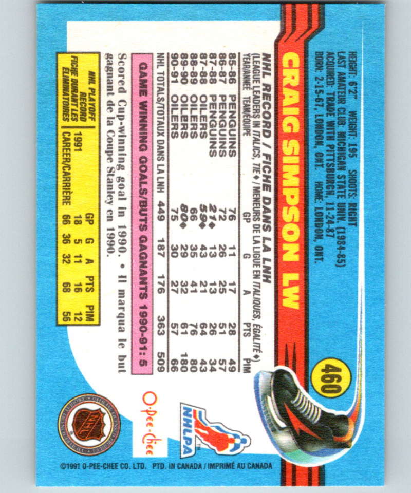 1991-92 O-Pee-Chee #460 Craig Simpson Mint Edmonton Oilers  Image 2