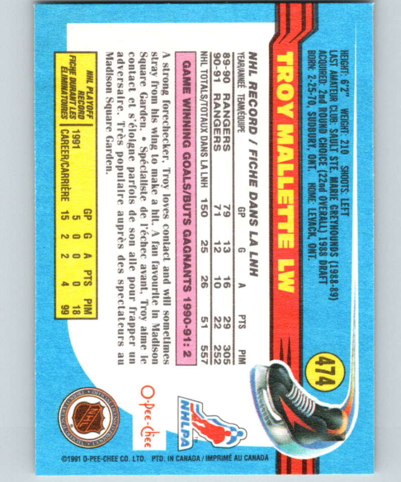 1991-92 O-Pee-Chee #474 Troy Mallette Mint New York Rangers  Image 2