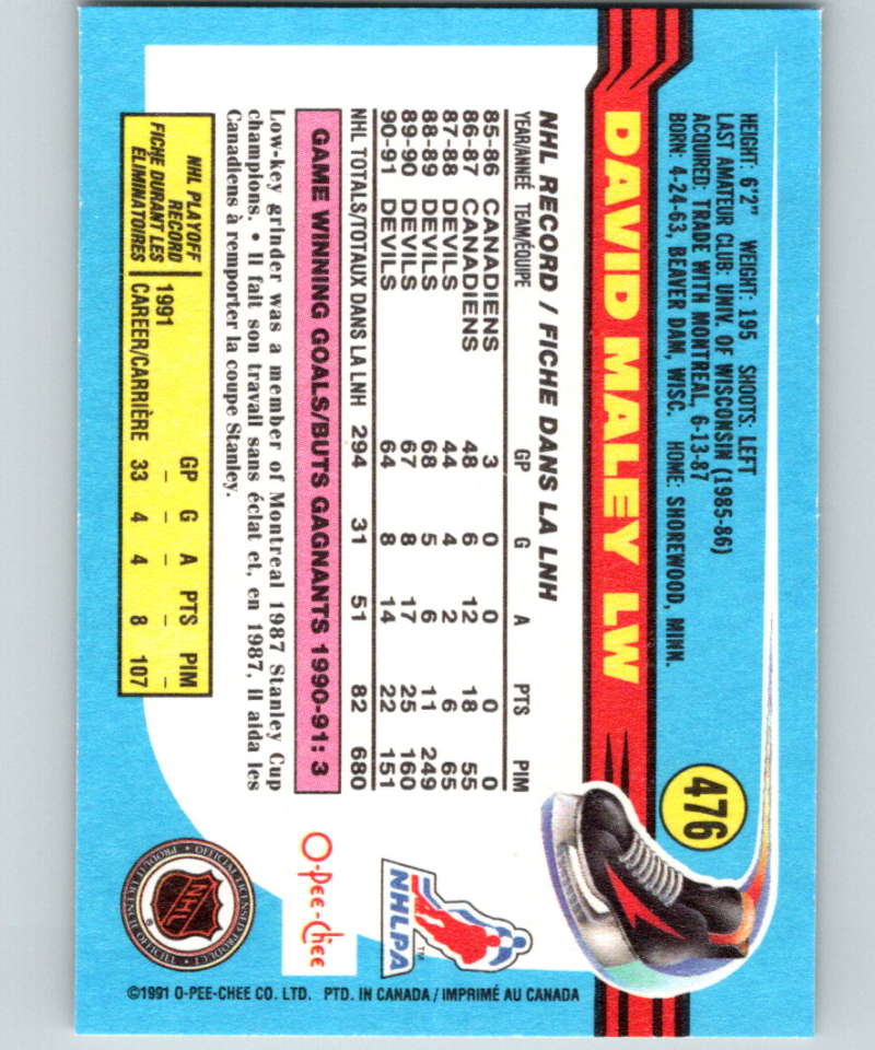 1991-92 O-Pee-Chee #476 David Maley Mint New Jersey Devils