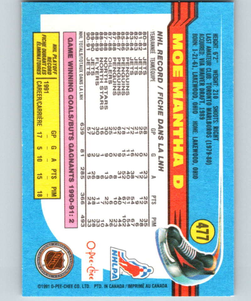 1991-92 O-Pee-Chee #477 Moe Mantha Mint Winnipeg Jets