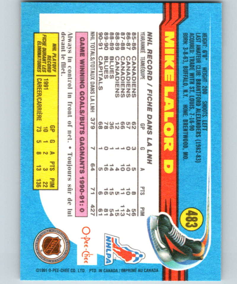 1991-92 O-Pee-Chee #483 Mike Lalor Mint Washington Capitals  Image 2