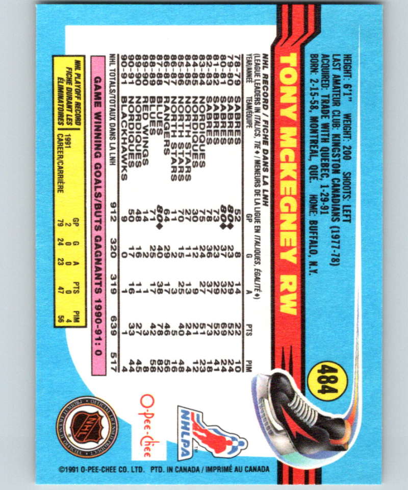 1991-92 O-Pee-Chee #484 Tony McKegney Mint Chicago Blackhawks  Image 2