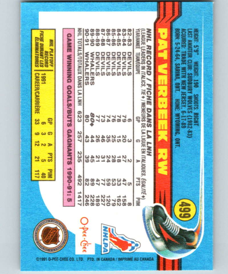 1991-92 O-Pee-Chee #499 Pat Verbeek Mint Hartford Whalers