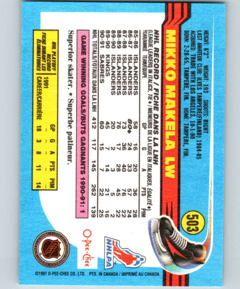 1991-92 O-Pee-Chee #503 Mikko Makela Mint Buffalo Sabres