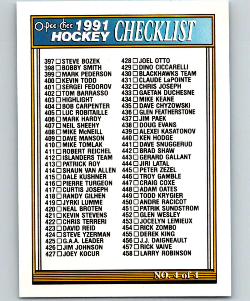 1991-92 O-Pee-Chee #528 Checklist 397-528 Mint