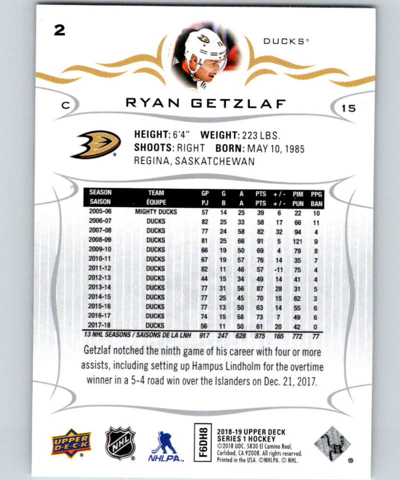 2018-19 Upper Deck #2 Ryan Getzlaf Mint Anaheim Ducks  Image 2