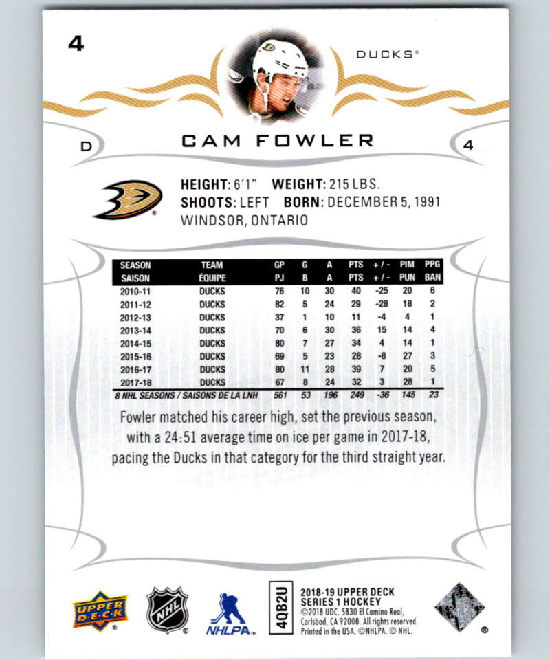 2018-19 Upper Deck #4 Cam Fowler Mint Anaheim Ducks  Image 2