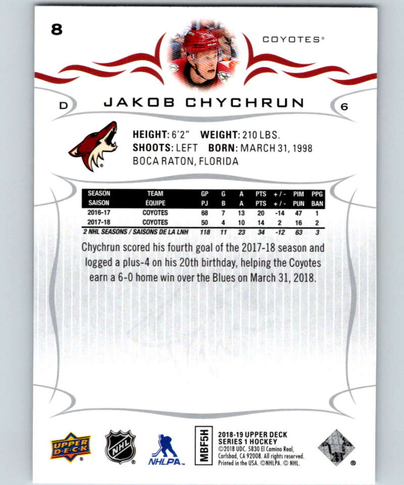 2018-19 Upper Deck #8 Jakob Chychrun Mint Arizona Coyotes
