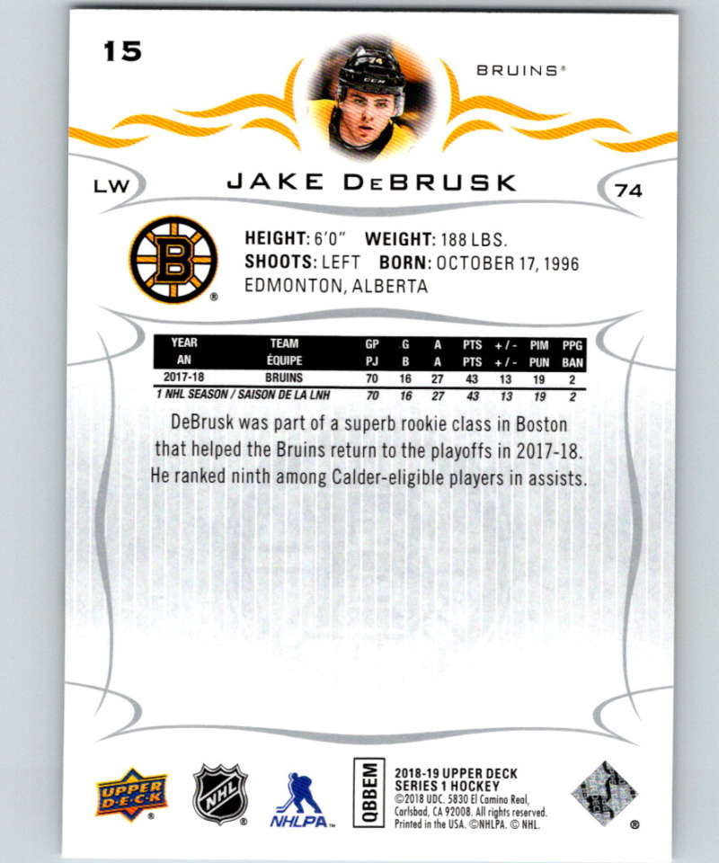 2018-19 Upper Deck #15 Jake DeBrusk Mint Boston Bruins